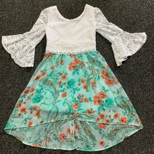 White Lace Bodice & Mint Floral High-Low Dress for Kids
